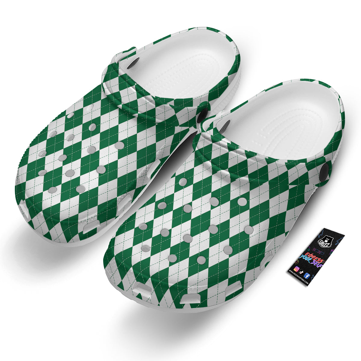 Argyle Green And White Print Pattern Clog-grizzshop