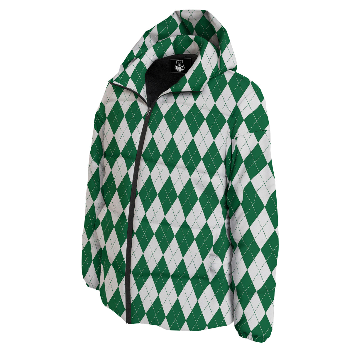 Argyle Green And White Print Pattern Down Jacket-grizzshop