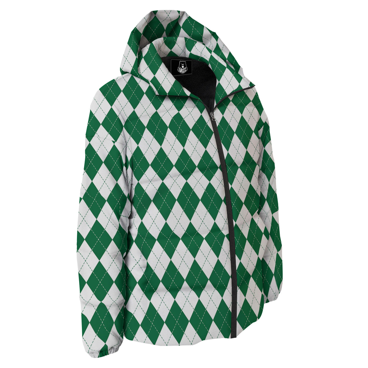 Argyle Green And White Print Pattern Down Jacket-grizzshop
