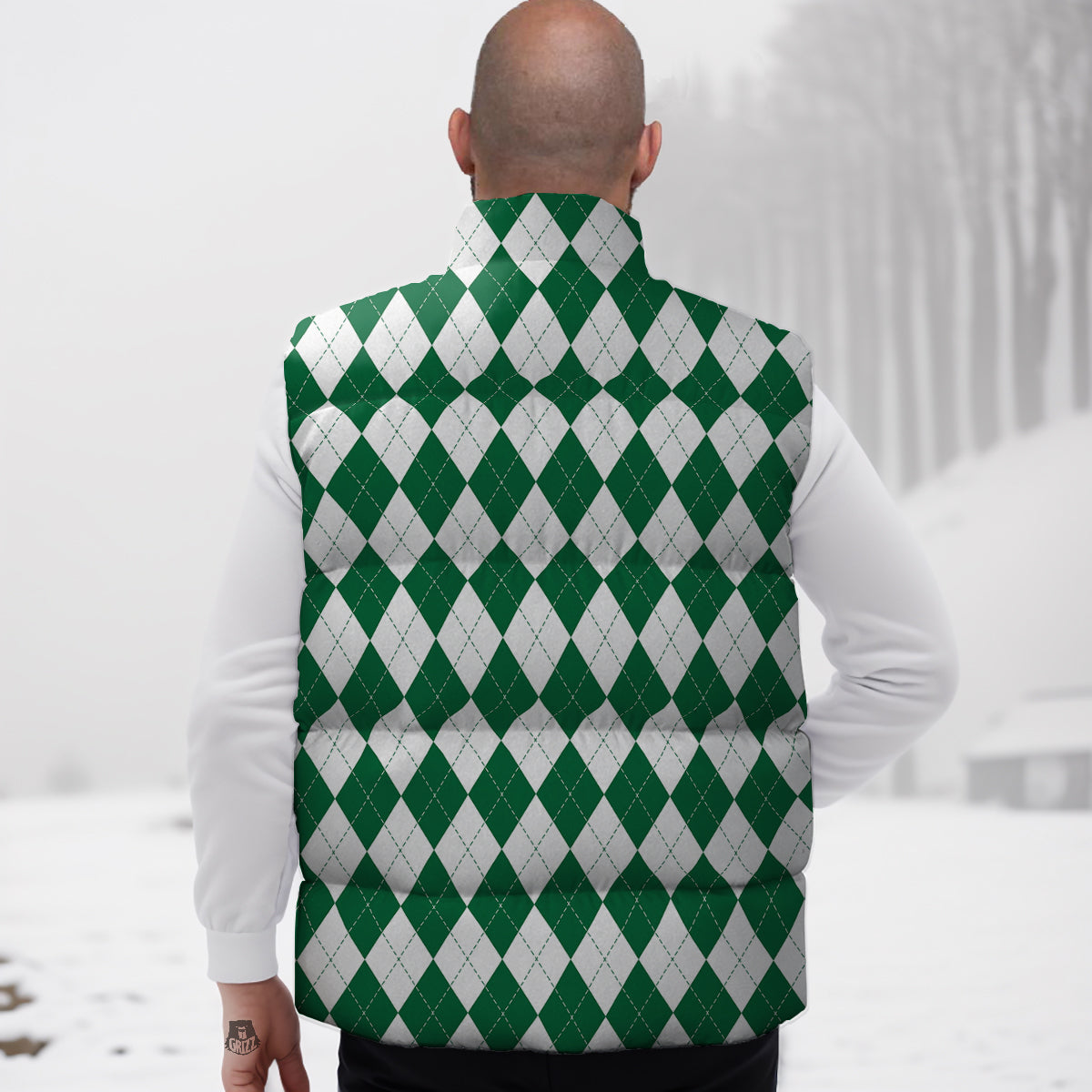 Argyle Green And White Print Pattern Down Vest-grizzshop