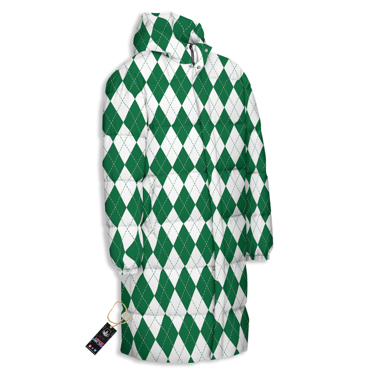 Argyle Green And White Print Pattern Long Down Jacket-grizzshop