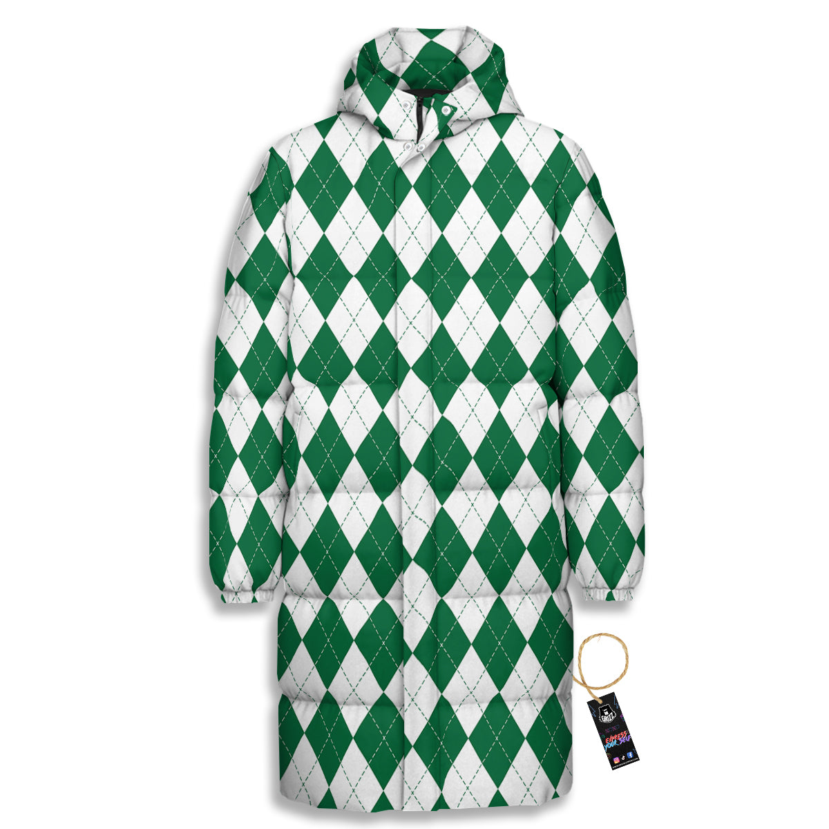 Argyle Green And White Print Pattern Long Down Jacket-grizzshop