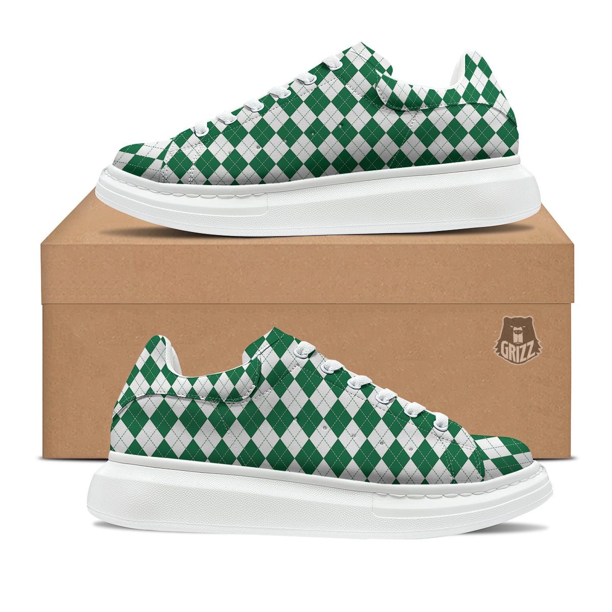 Argyle Green And White Print Pattern Platform Shoes-grizzshop