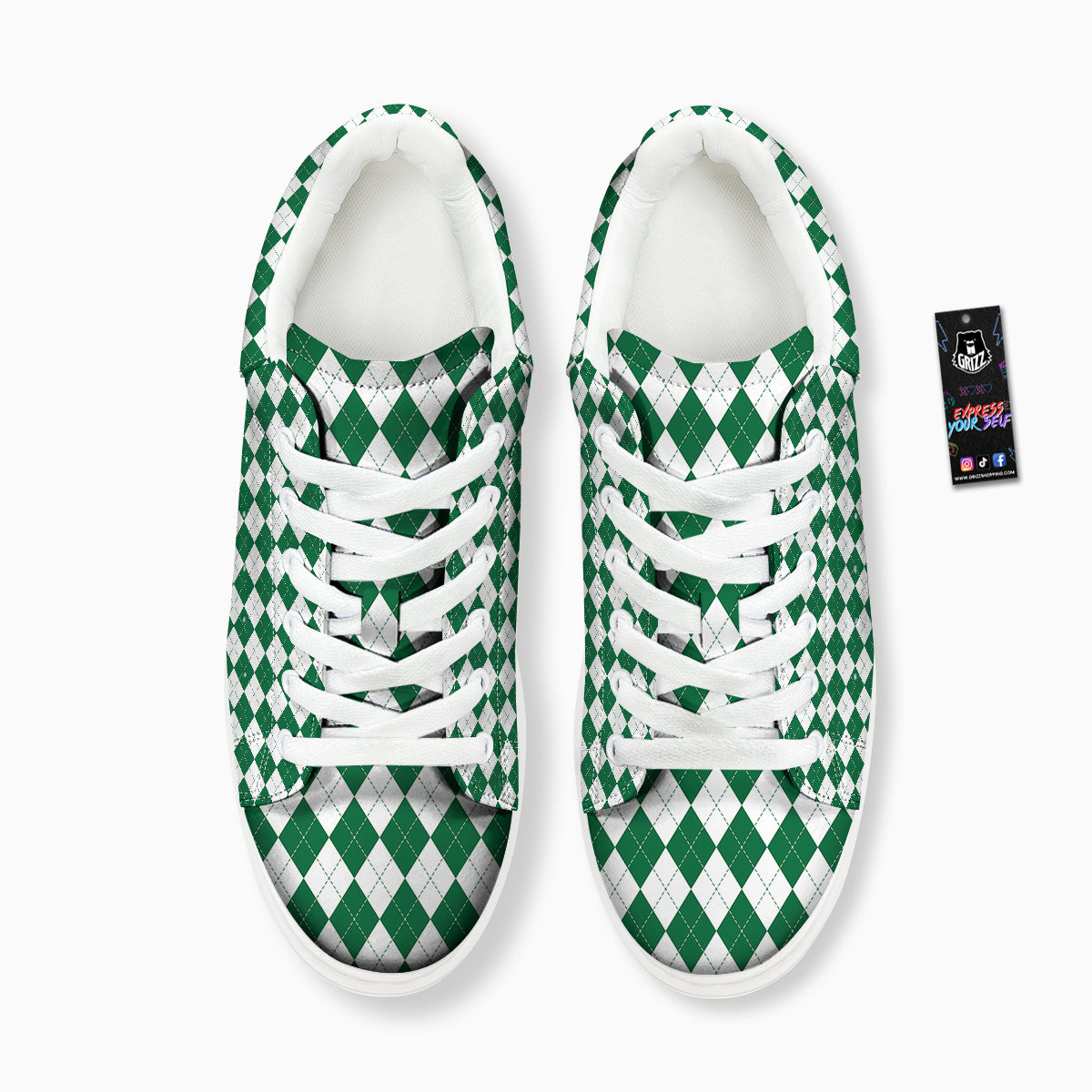 Argyle Green And White Print Pattern Platform Shoes-grizzshop