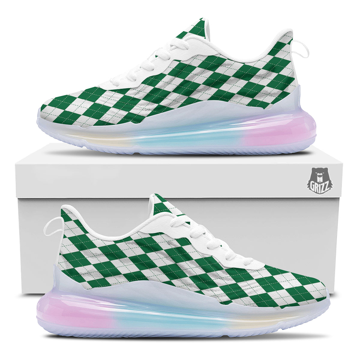 Argyle Green And White Print Pattern Running Sneakers-grizzshop