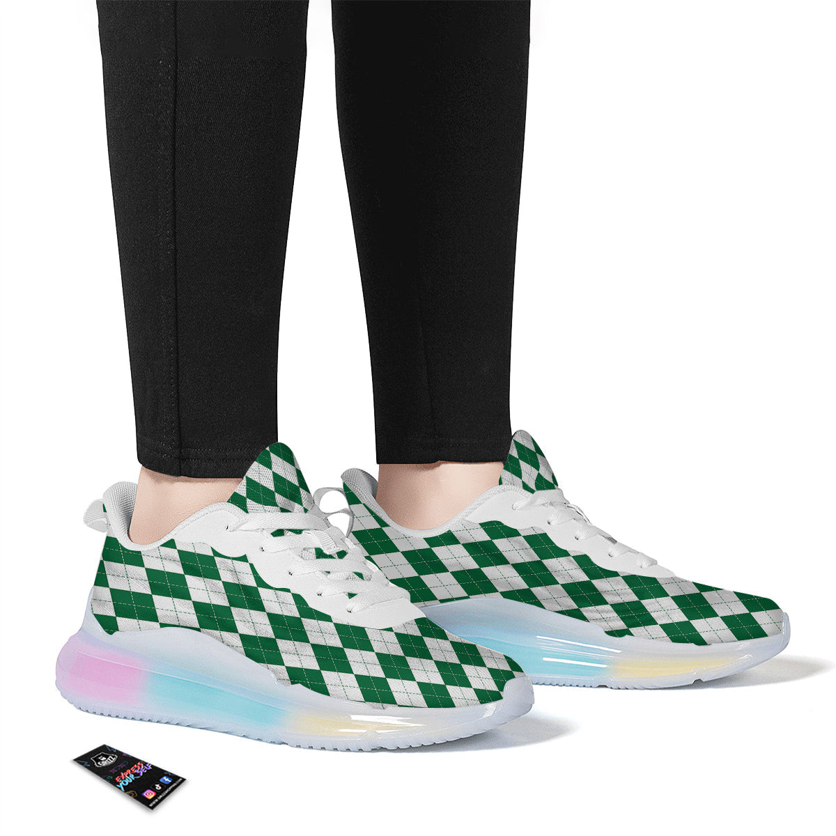 Argyle Green And White Print Pattern Running Sneakers-grizzshop