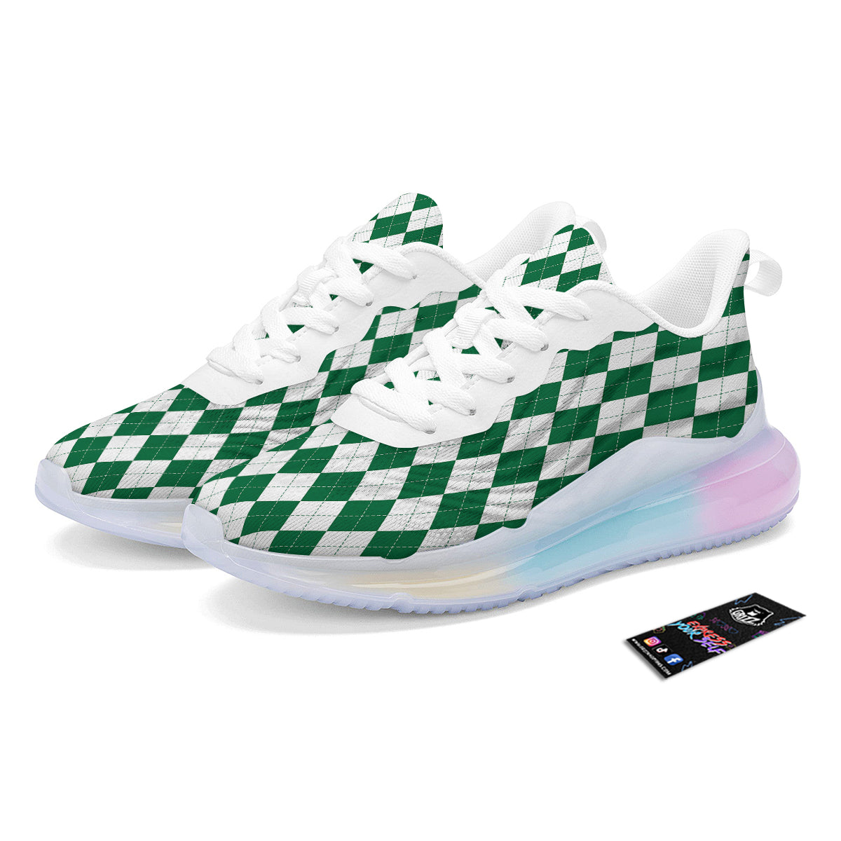 Argyle Green And White Print Pattern Running Sneakers-grizzshop