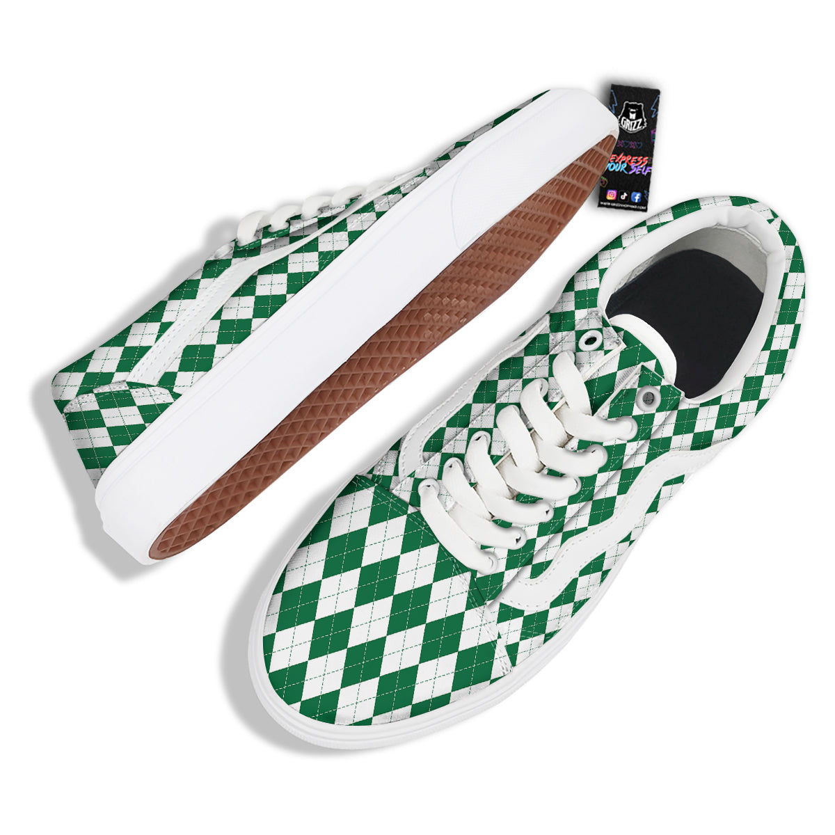 Argyle Green And White Print Pattern Skate Shoes-grizzshop