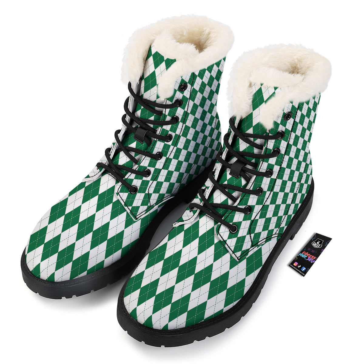 Argyle Green And White Print Pattern Winter Boots-grizzshop