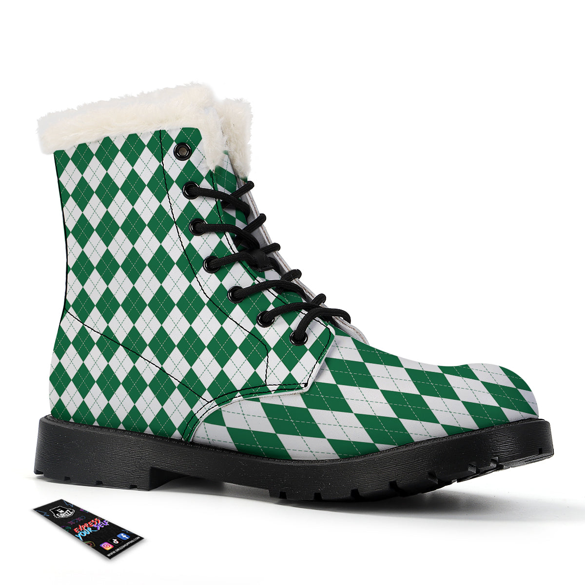 Argyle Green And White Print Pattern Winter Boots-grizzshop