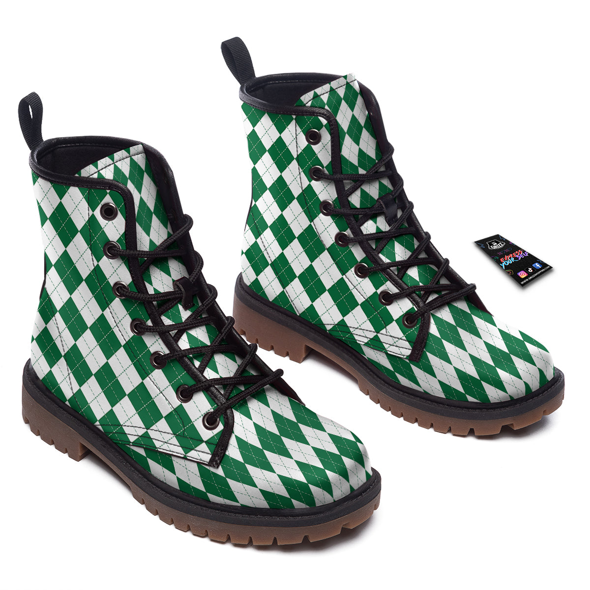 Argyle Green And White Print Pattern Work Boots-grizzshop
