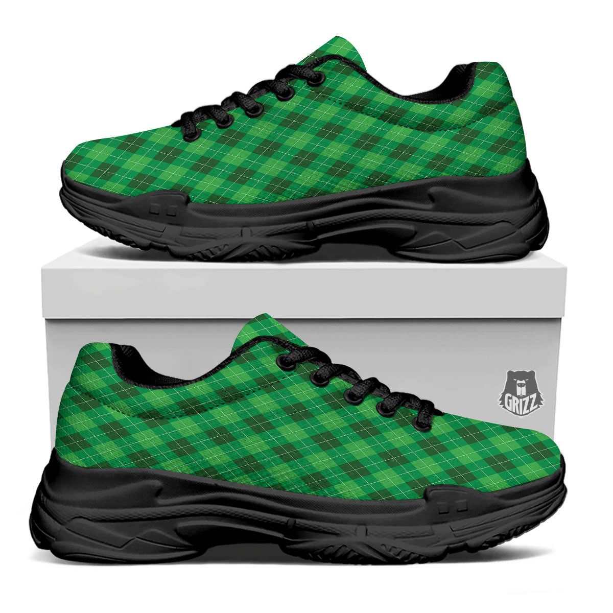 Argyle Green Print Pattern Black Chunky Shoes-grizzshop