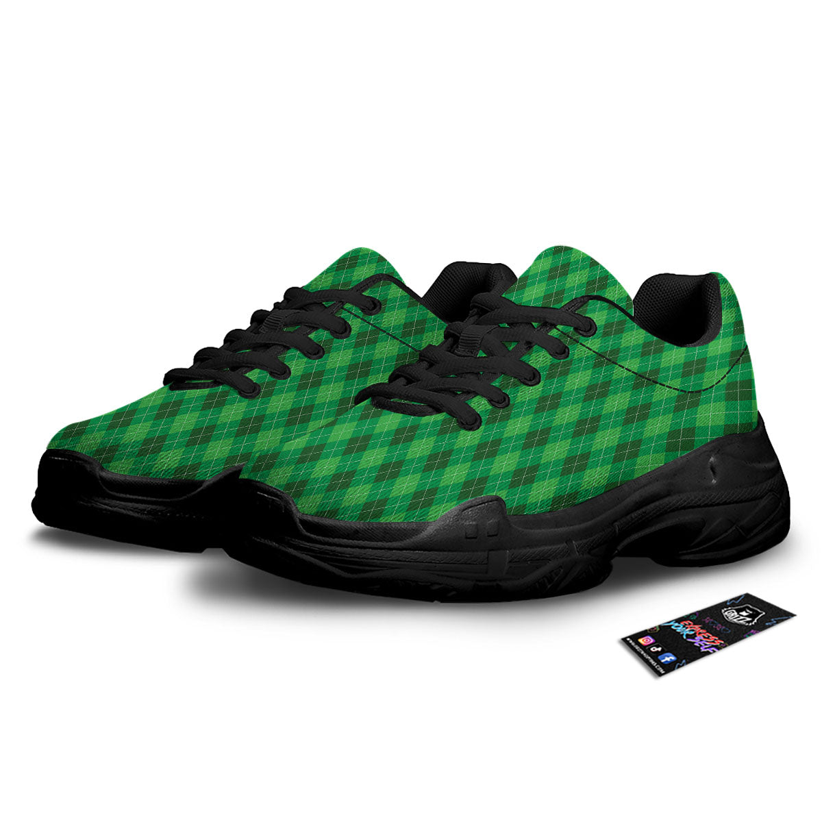 Argyle Green Print Pattern Black Chunky Shoes-grizzshop