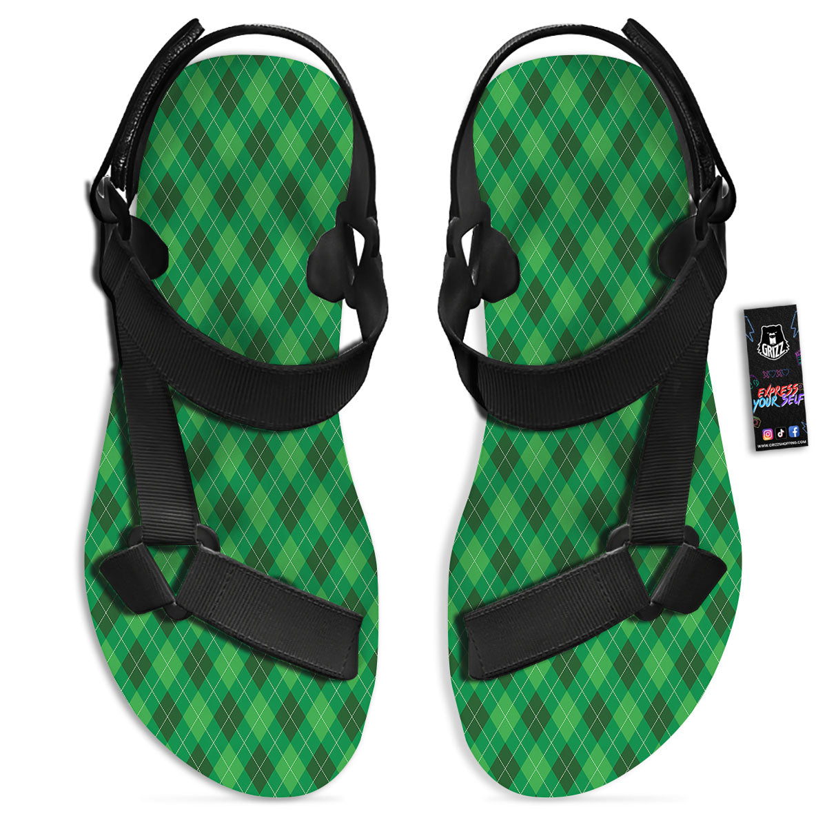 Argyle Green Print Pattern Black Open Toe Sandals-grizzshop