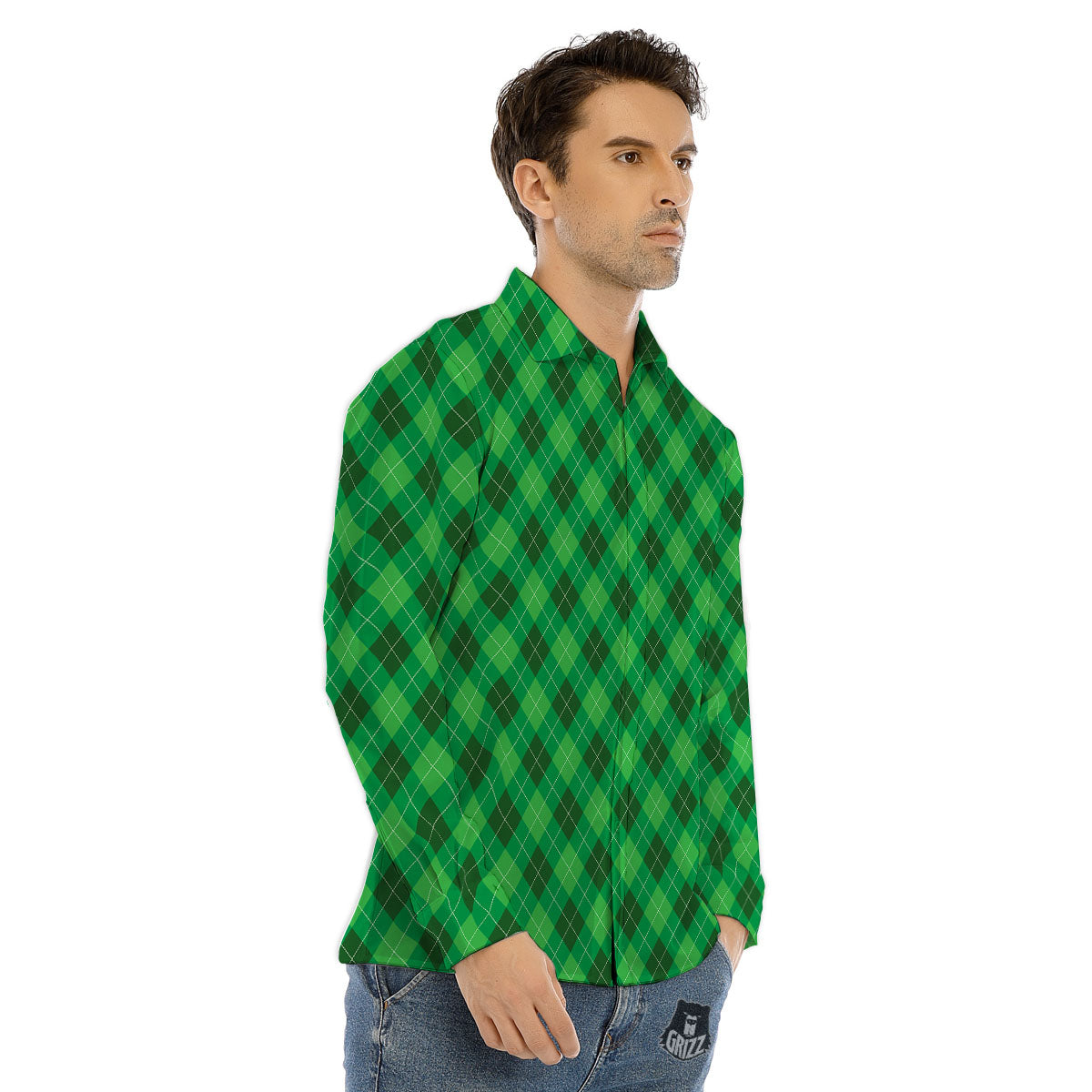 Argyle Green Print Pattern Men's Dress Shirts-grizzshop