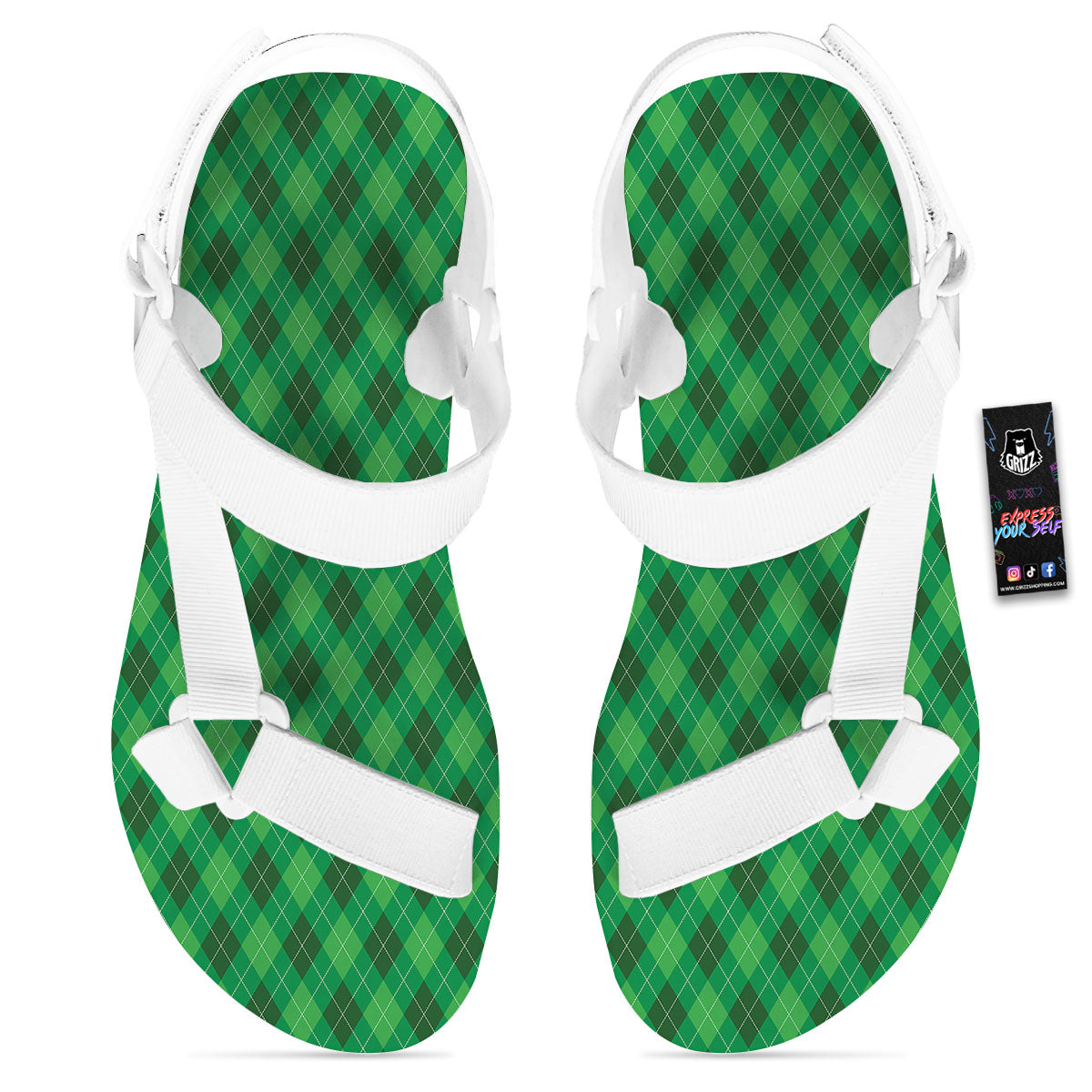 Argyle Green Print Pattern White Open Toe Sandals-grizzshop