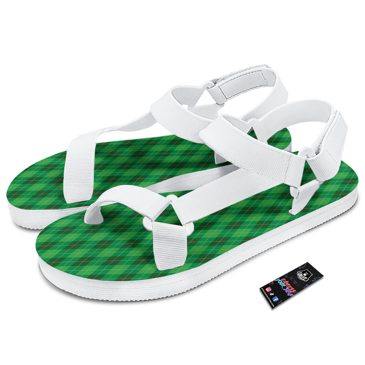 Argyle Green Print Pattern White Open Toe Sandals-grizzshop