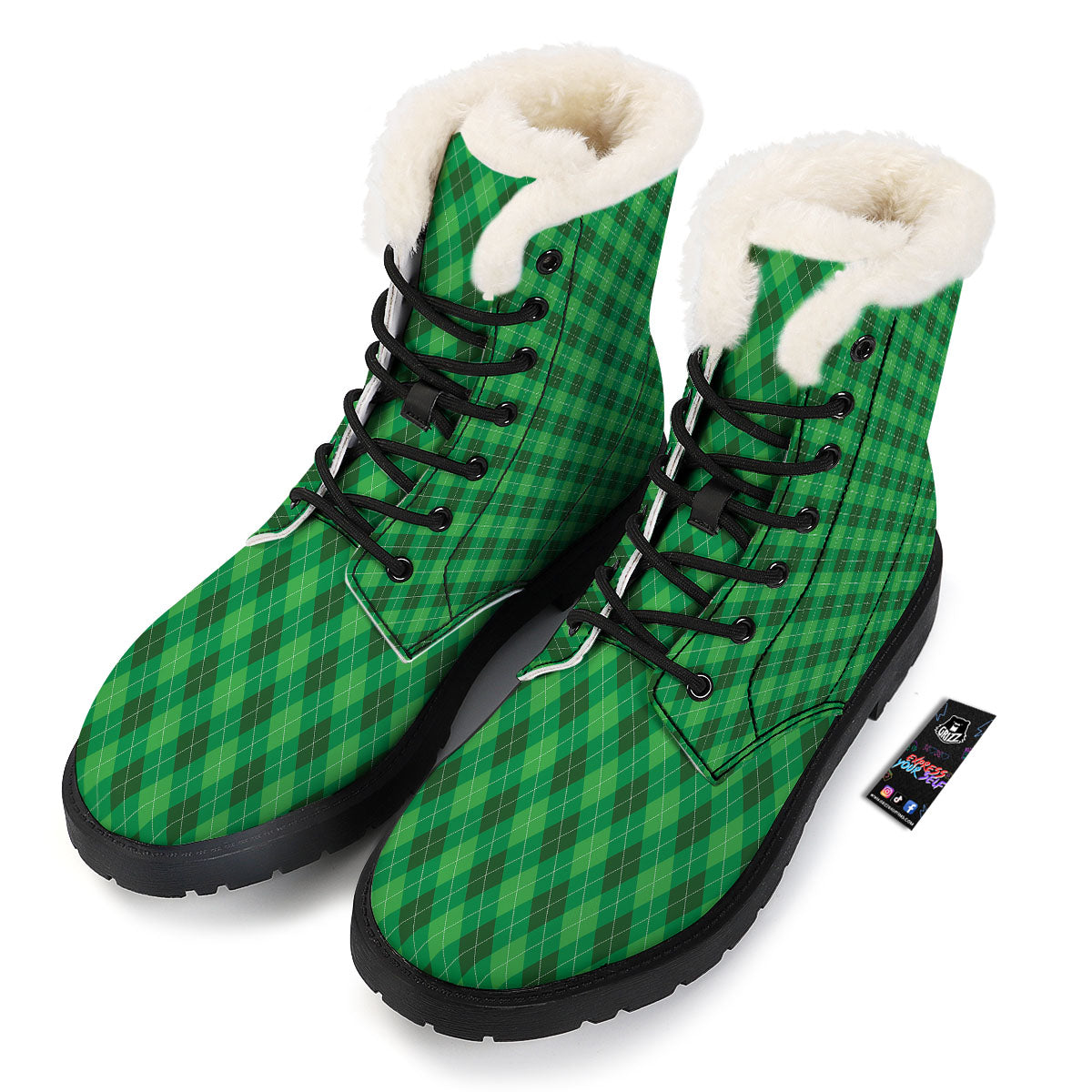 Argyle Green Print Pattern Winter Boots-grizzshop