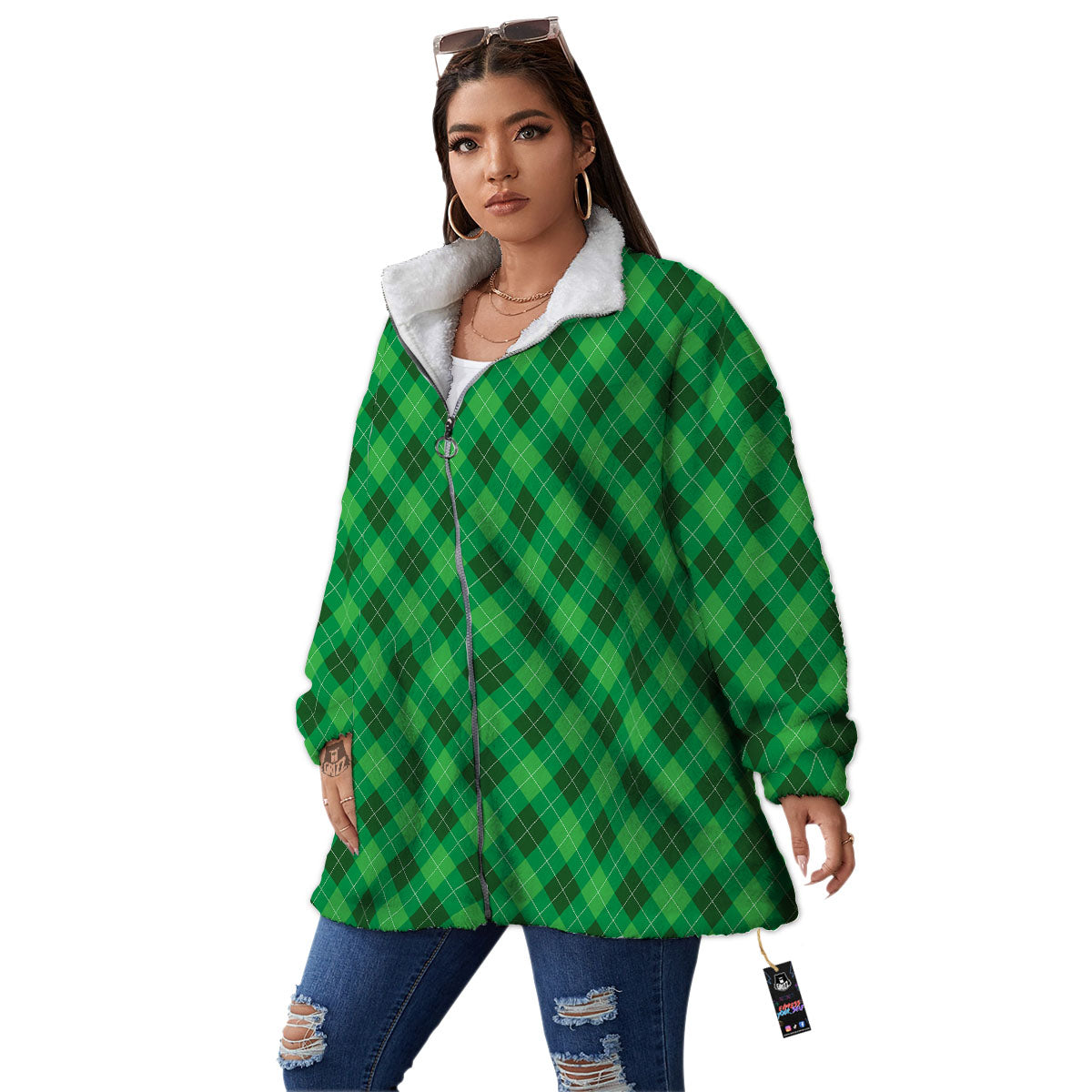 Argyle Green Print Pattern Women's Sherpa Jacket-grizzshop