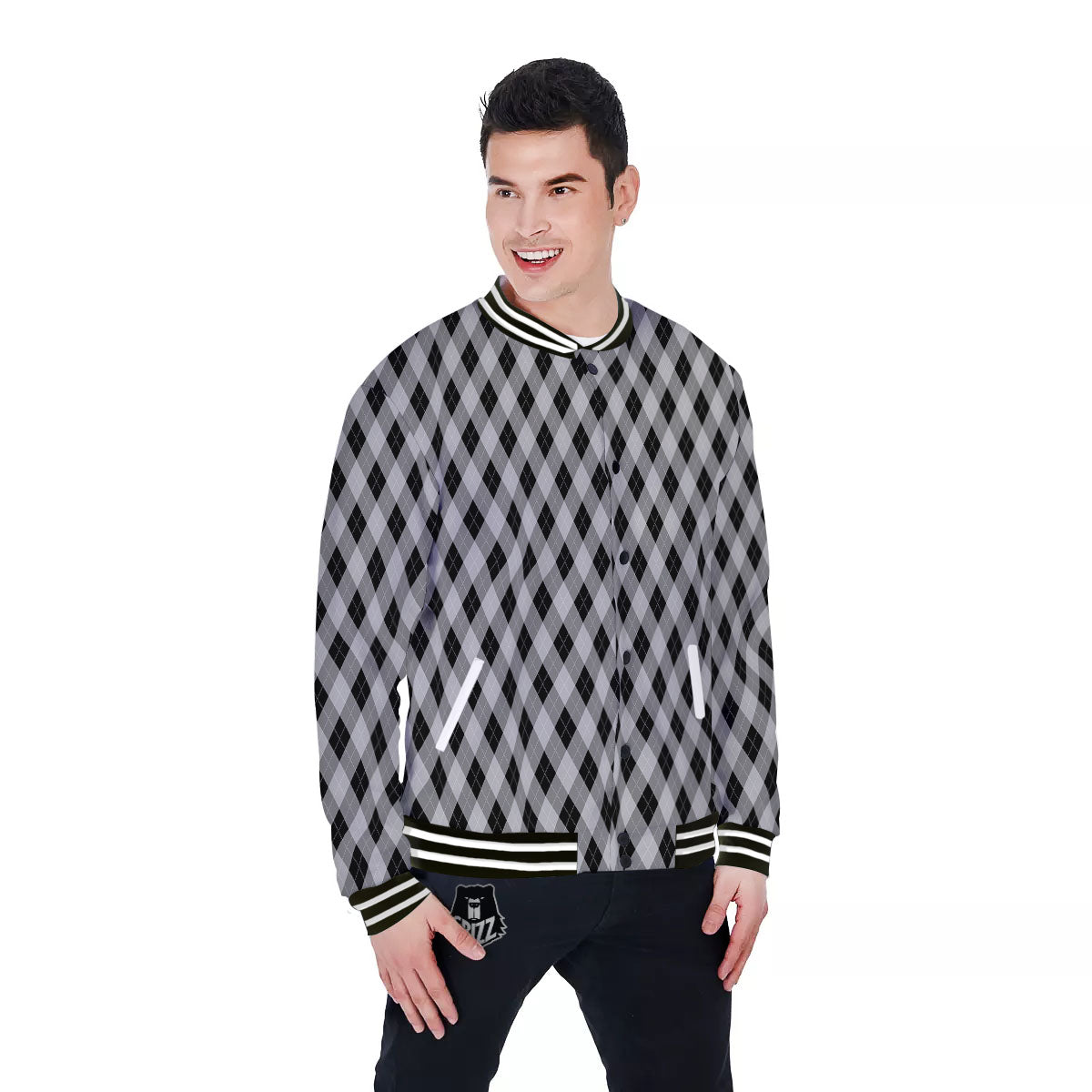 Argyle Grey And Black Print Pattern Baseball Jacket-grizzshop