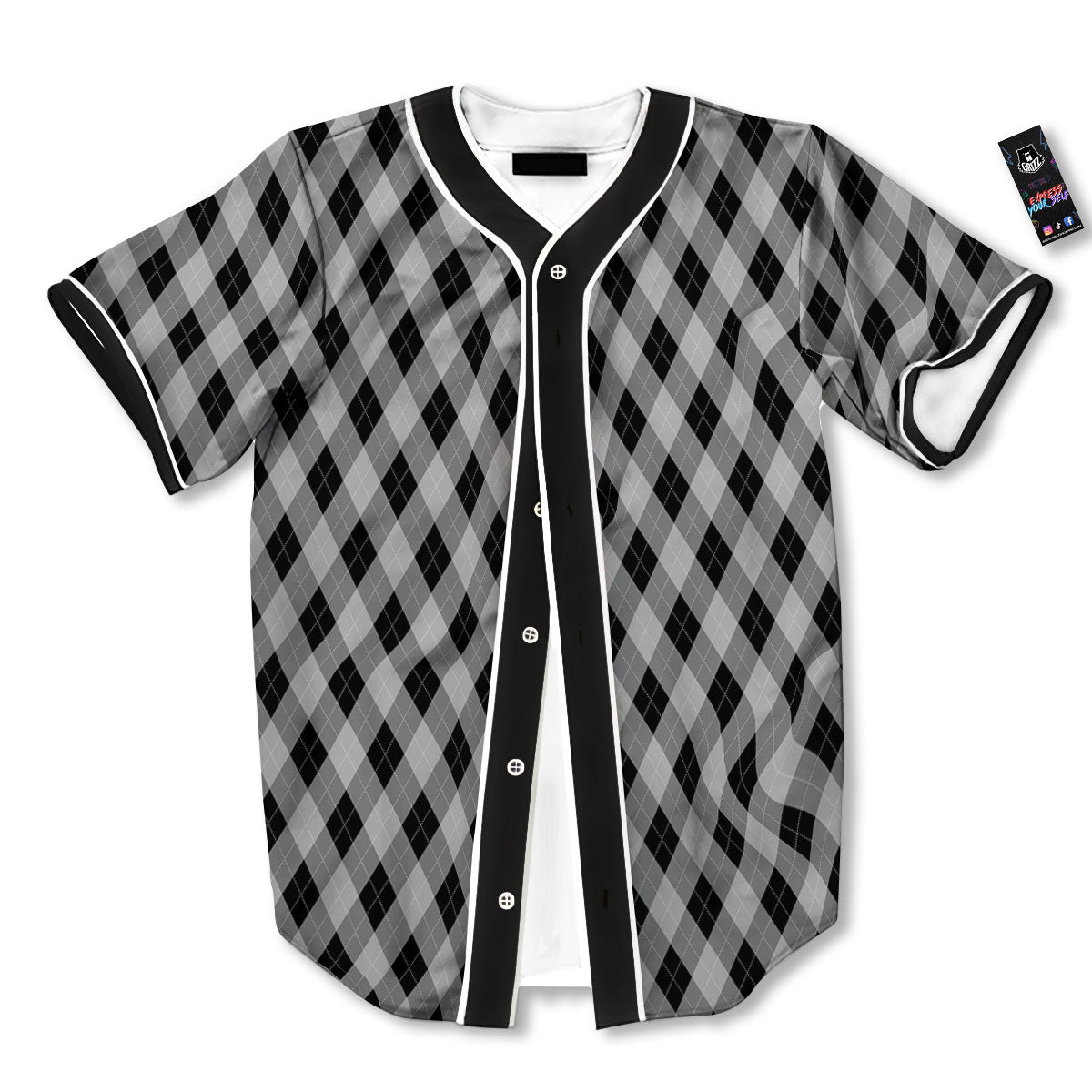 Argyle Grey And Black Print Pattern Baseball Jersey-grizzshop