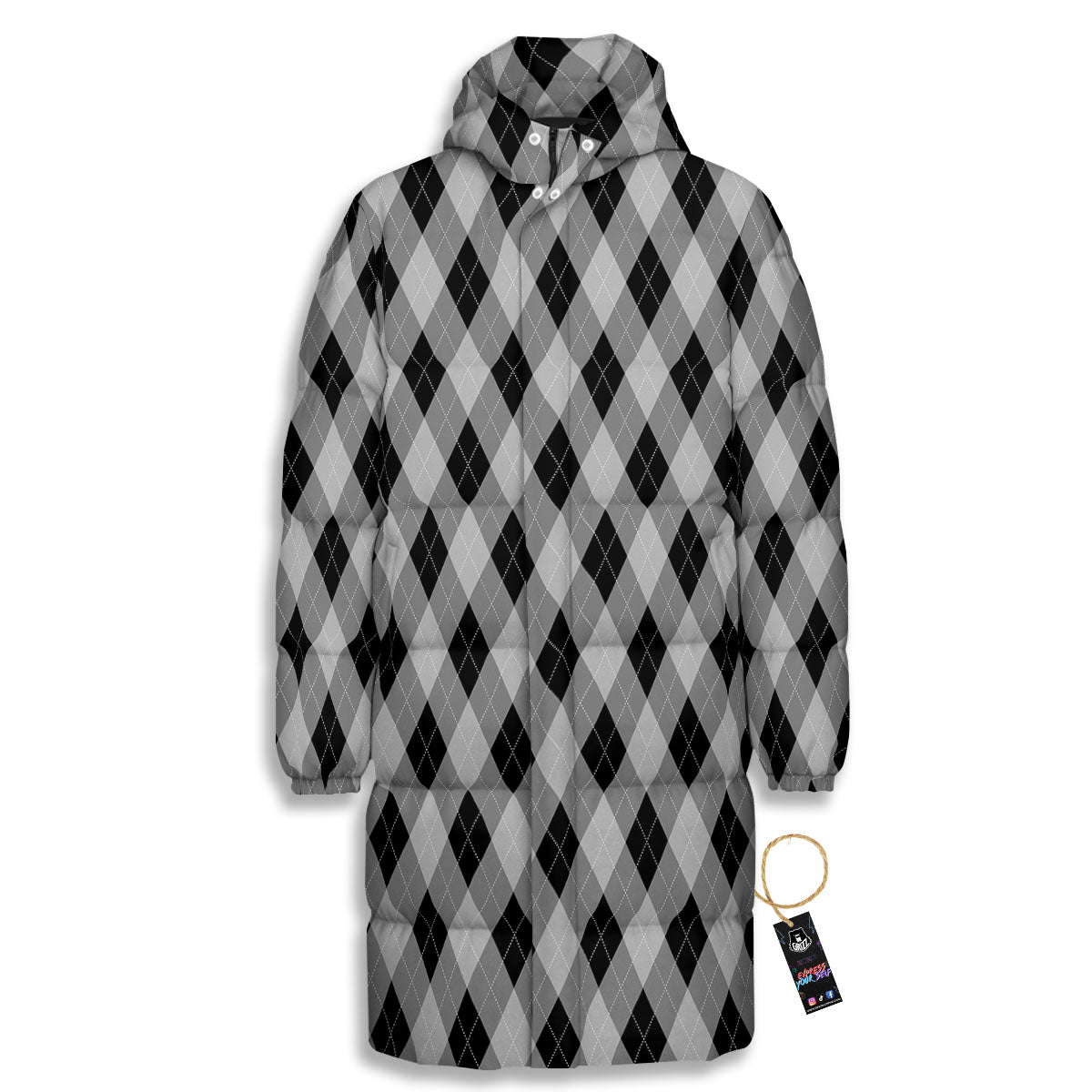 Argyle Grey And Black Print Pattern Long Down Jacket-grizzshop