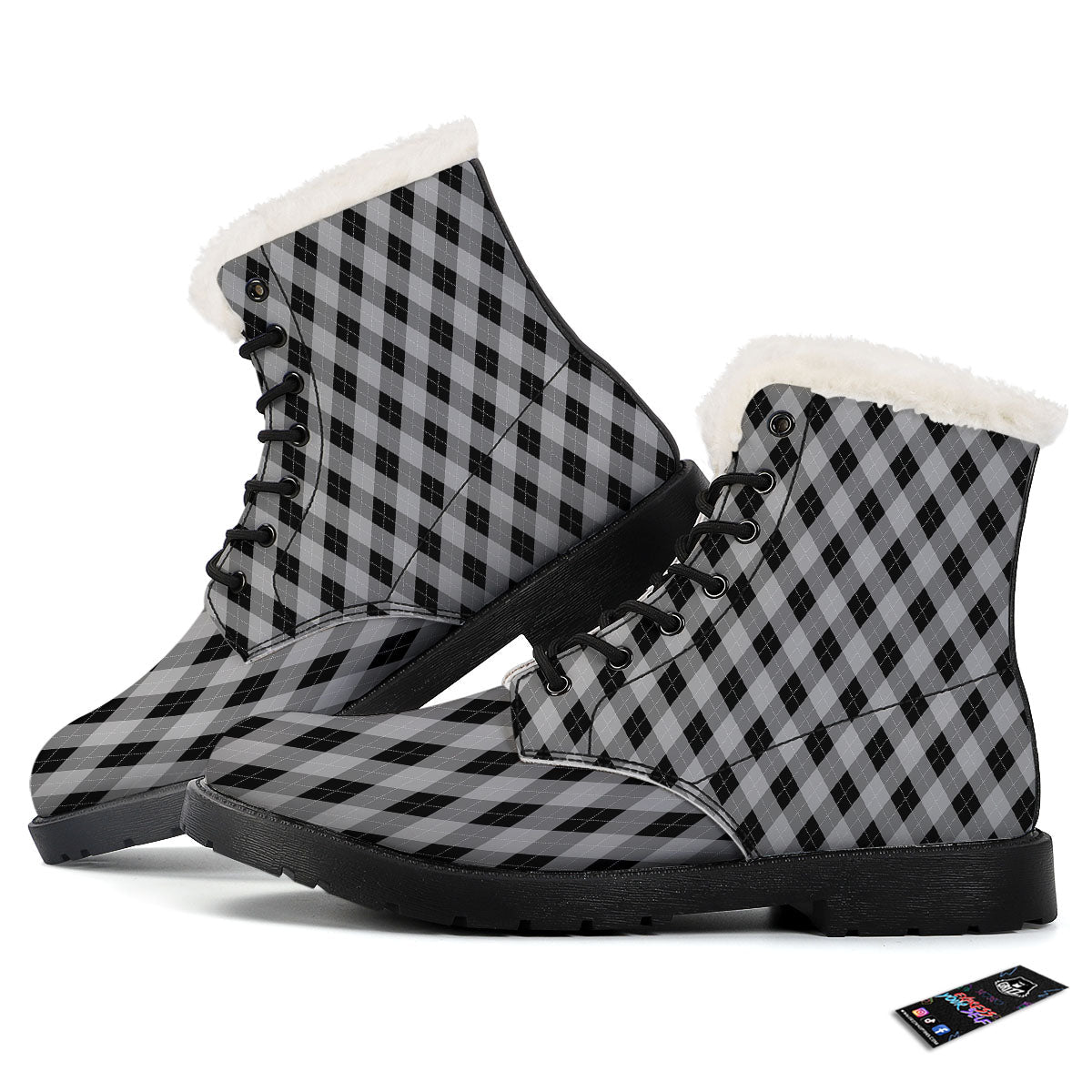 Argyle Grey And Black Print Pattern Winter Boots-grizzshop