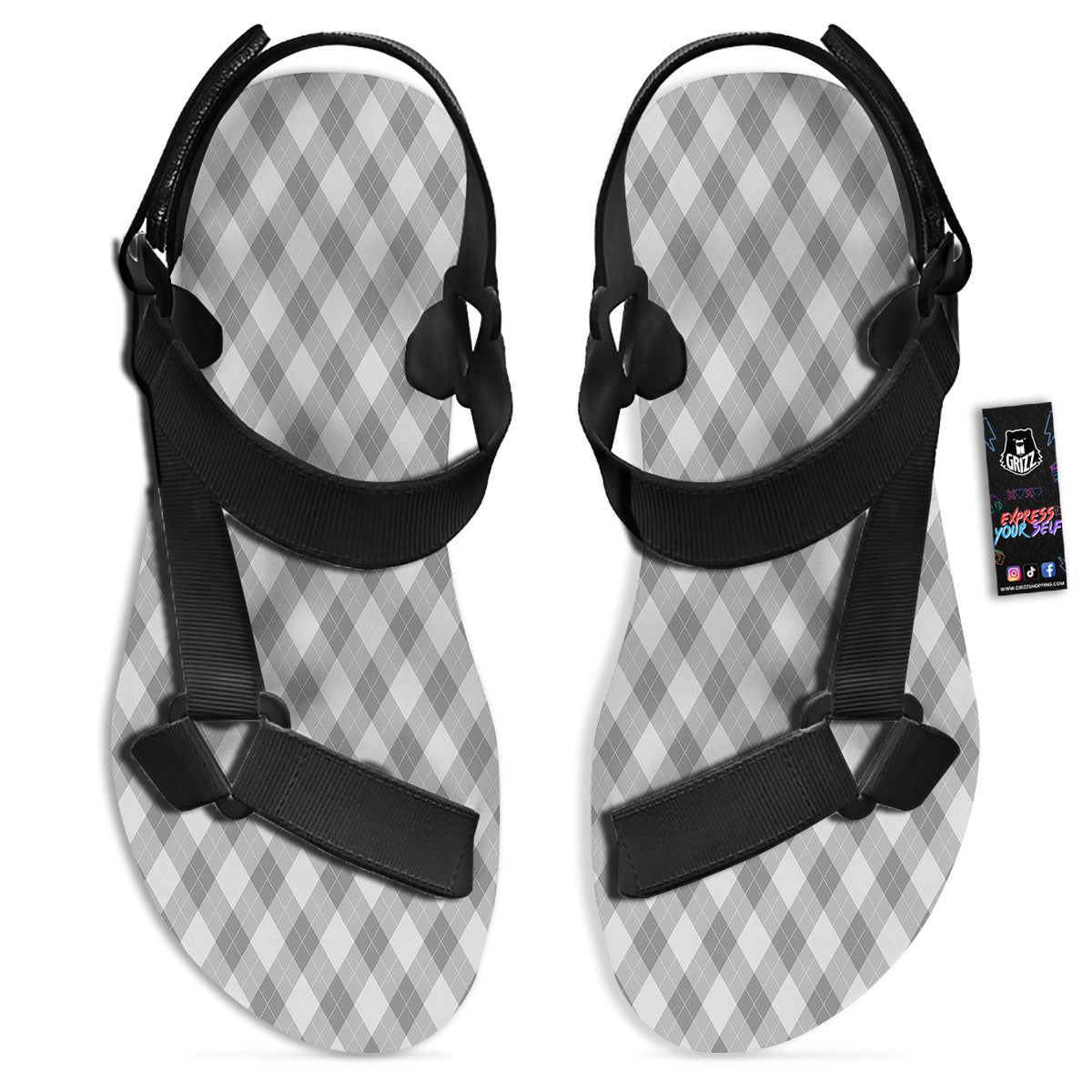 Argyle Grey Print Pattern Black Open Toe Sandals-grizzshop