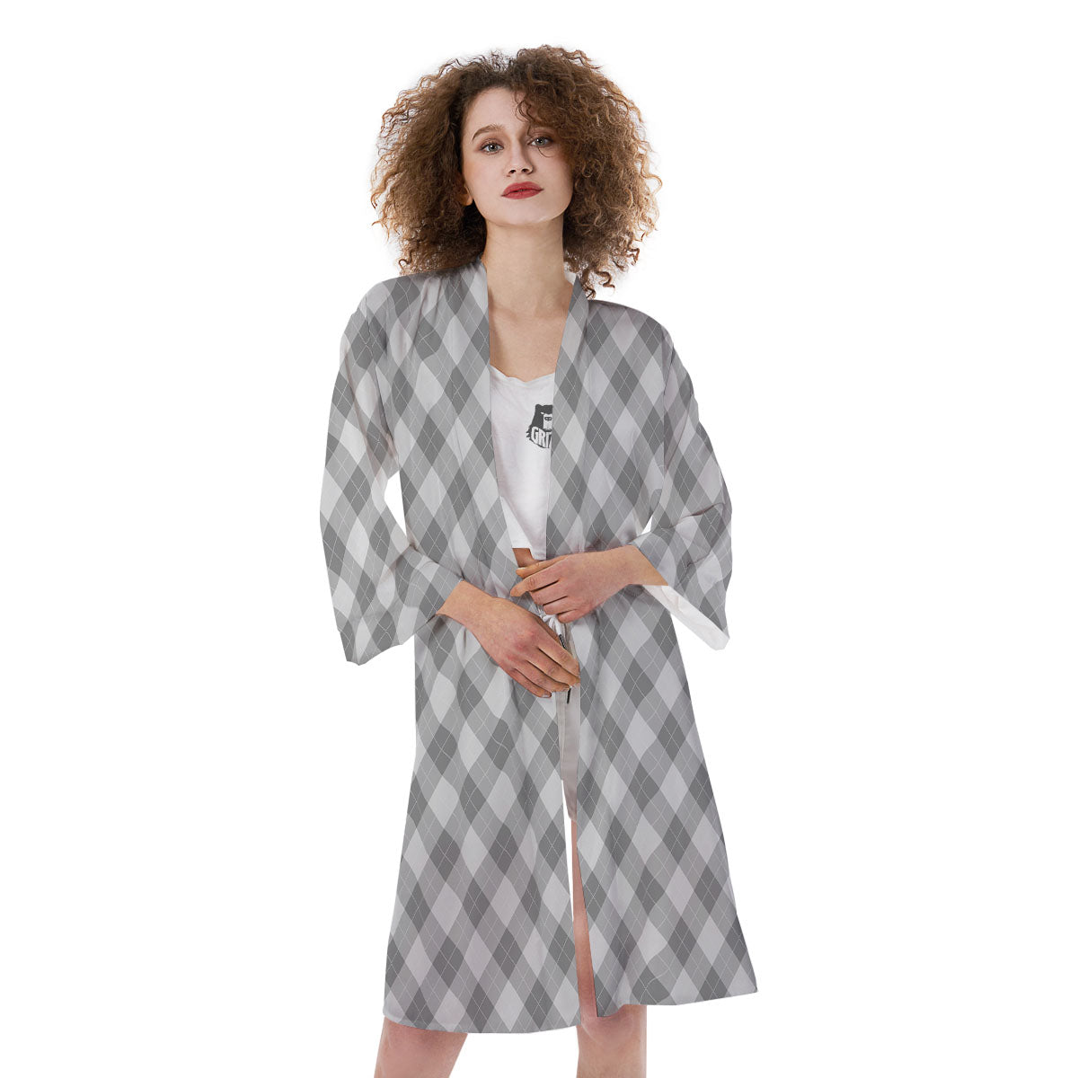 Argyle Grey Print Pattern Kimono-grizzshop