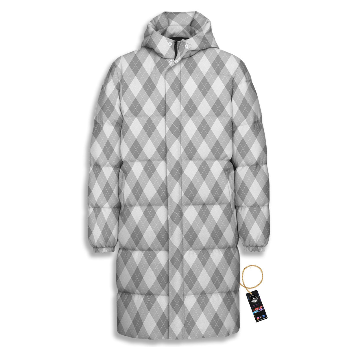 Argyle Grey Print Pattern Long Down Jacket-grizzshop
