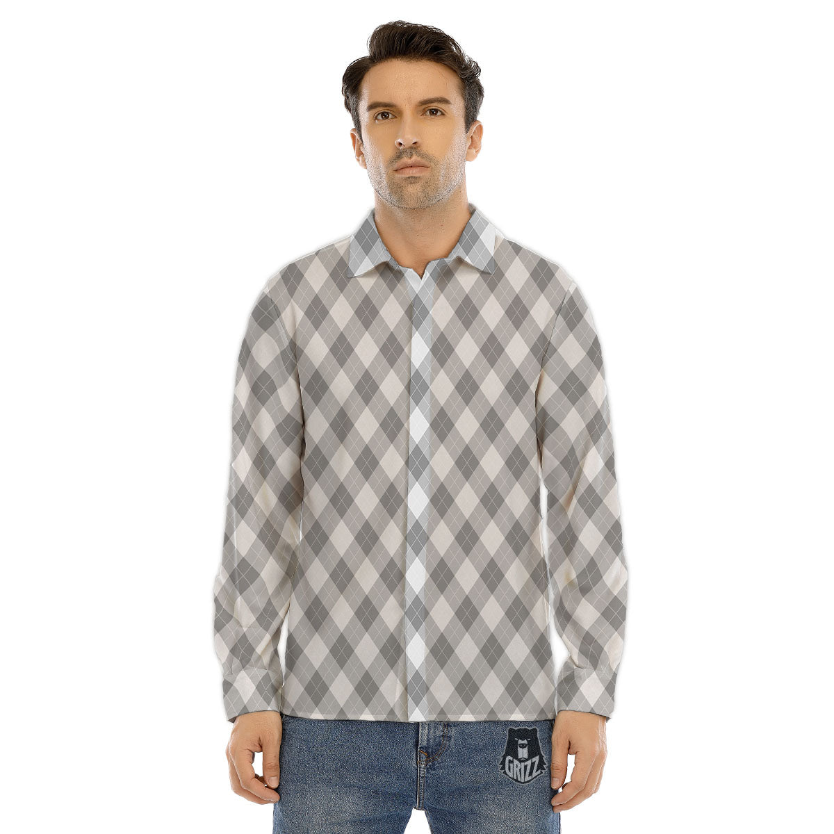 Argyle Grey Print Pattern Men's Dress Shirts-grizzshop