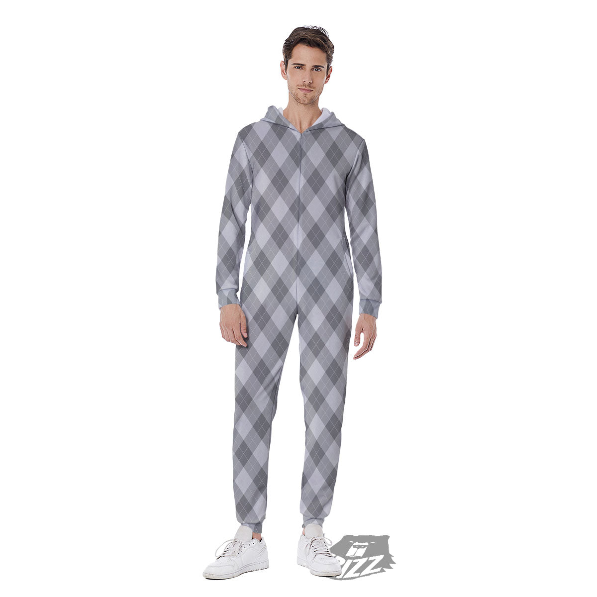 Argyle Grey Print Pattern Men's Jumpsuit-grizzshop