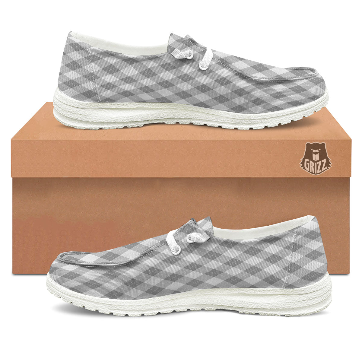 Argyle Grey Print Pattern White Loafers-grizzshop