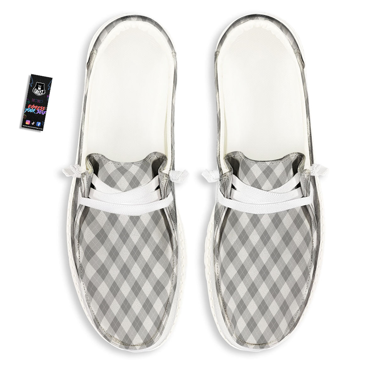 Argyle Grey Print Pattern White Loafers-grizzshop