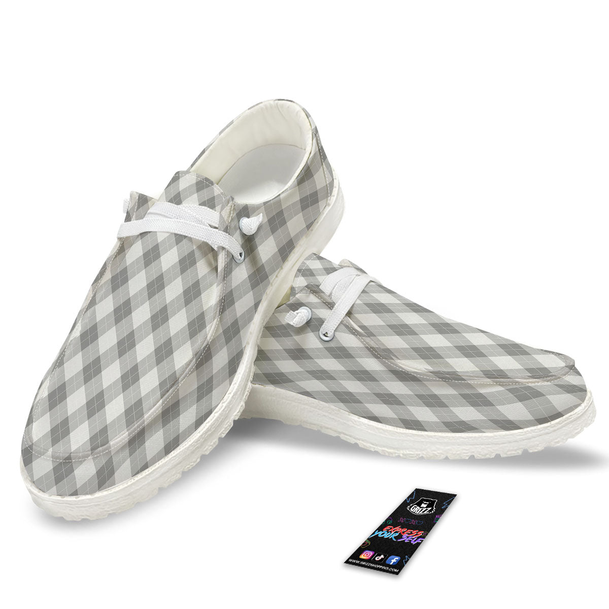 Argyle Grey Print Pattern White Loafers-grizzshop