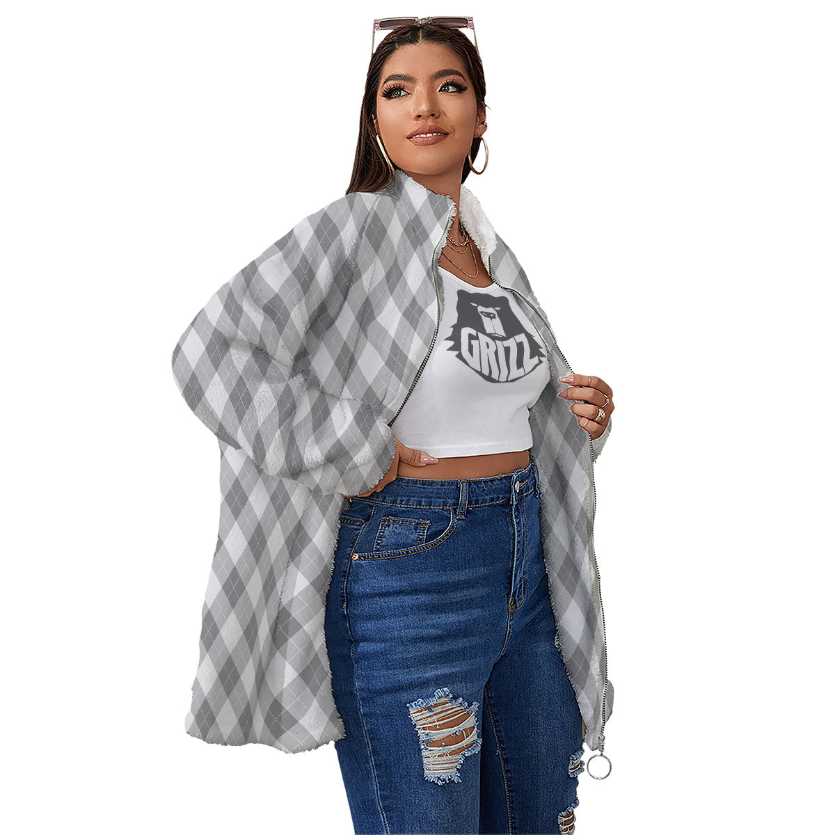 Argyle Grey Print Pattern Women's Sherpa Jacket-grizzshop