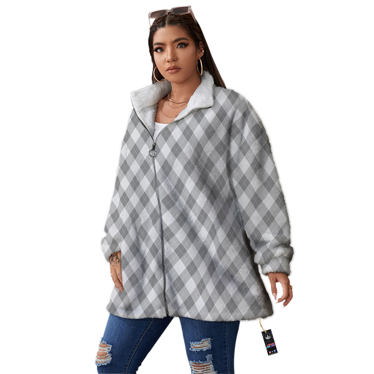 Argyle Grey Print Pattern Women's Sherpa Jacket-grizzshop