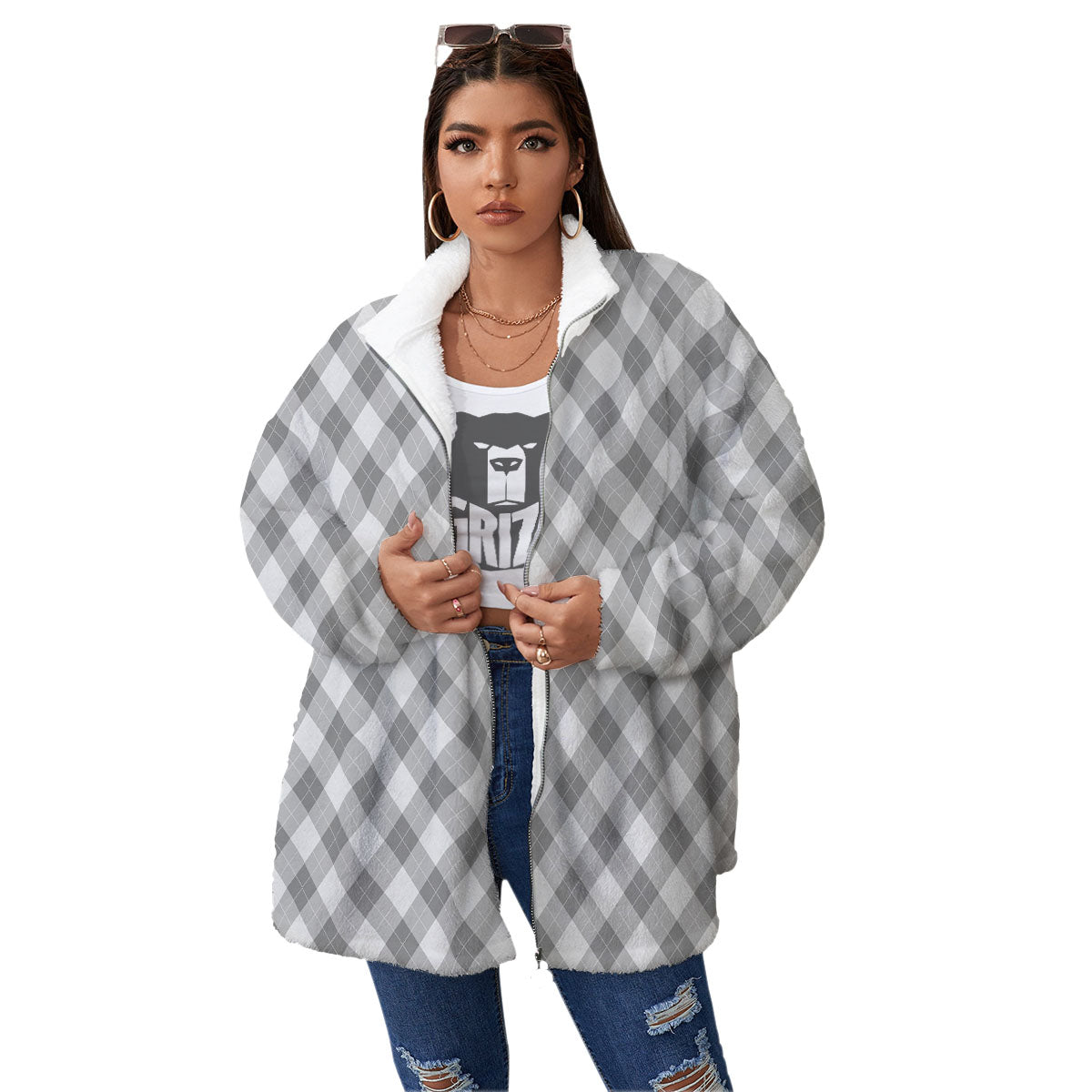 Argyle Grey Print Pattern Women's Sherpa Jacket-grizzshop