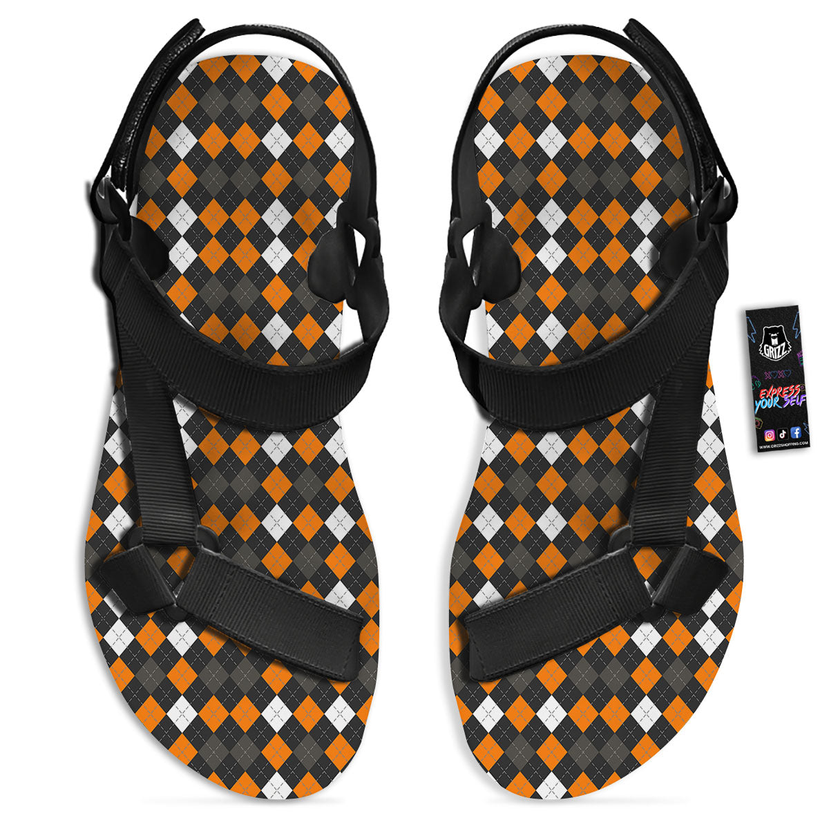 Argyle Halloween Print Pattern Black Open Toe Sandals-grizzshop