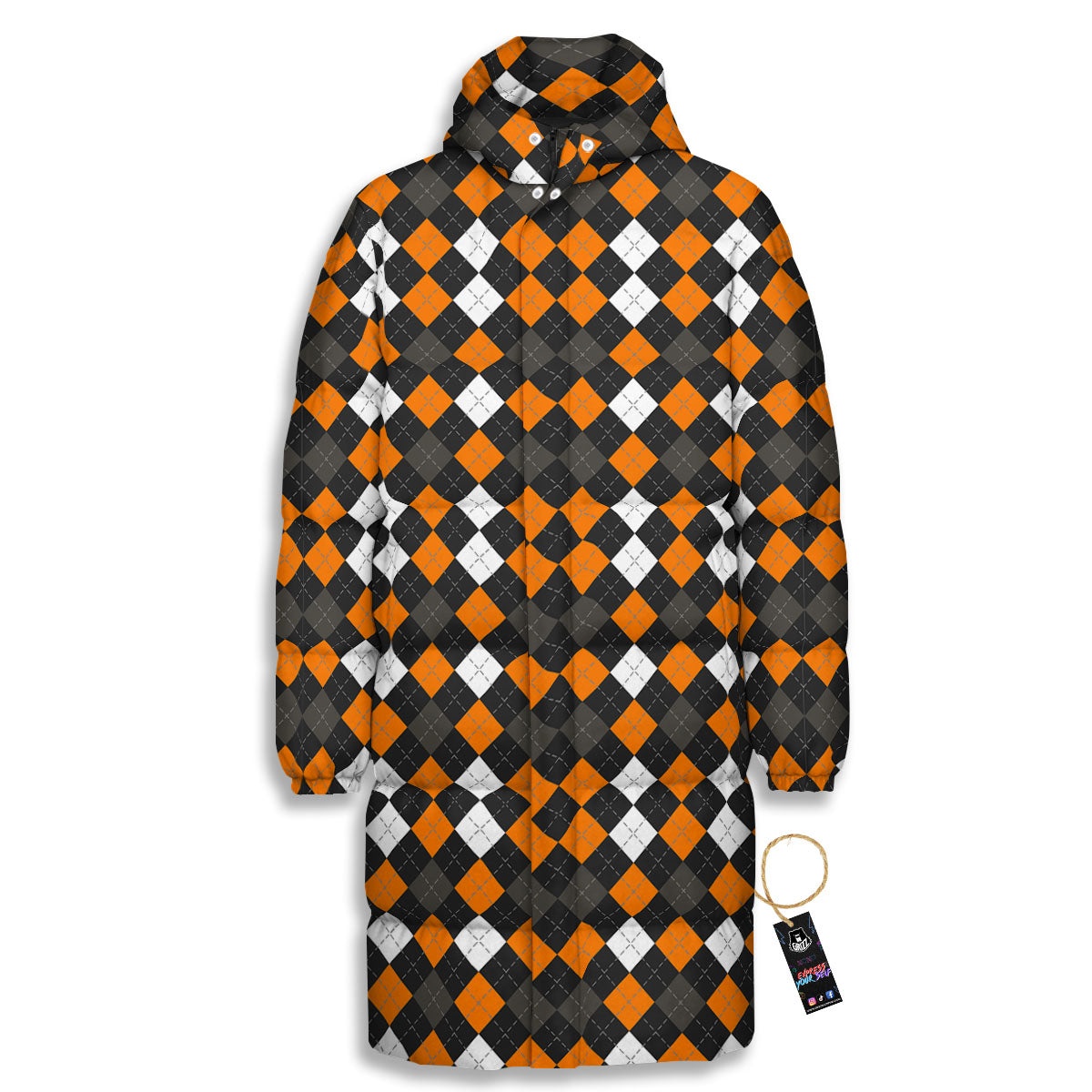 Argyle Halloween Print Pattern Long Down Jacket-grizzshop