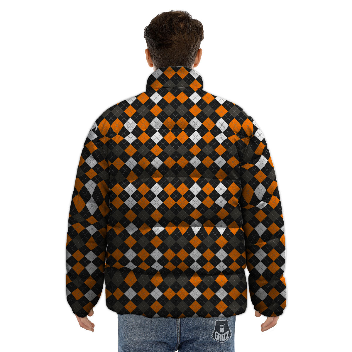 Argyle Halloween Print Pattern Puffer Jacket-grizzshop