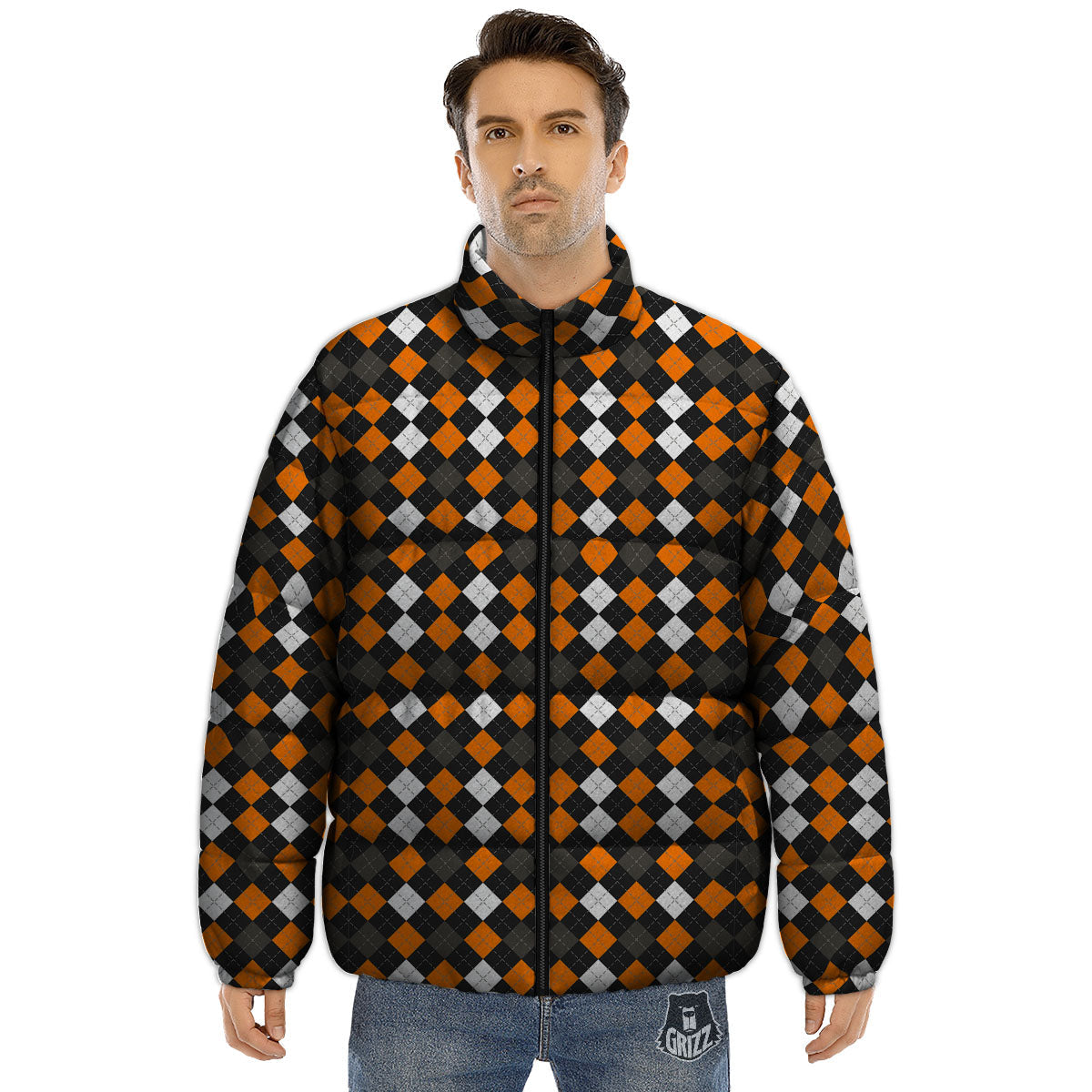 Argyle Halloween Print Pattern Puffer Jacket-grizzshop