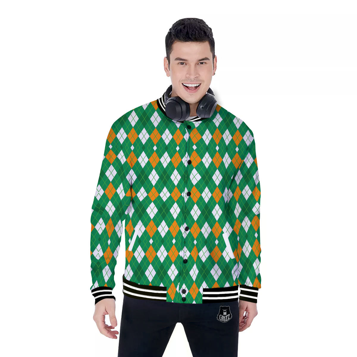 Argyle Irish Print Pattern Baseball Jacket-grizzshop