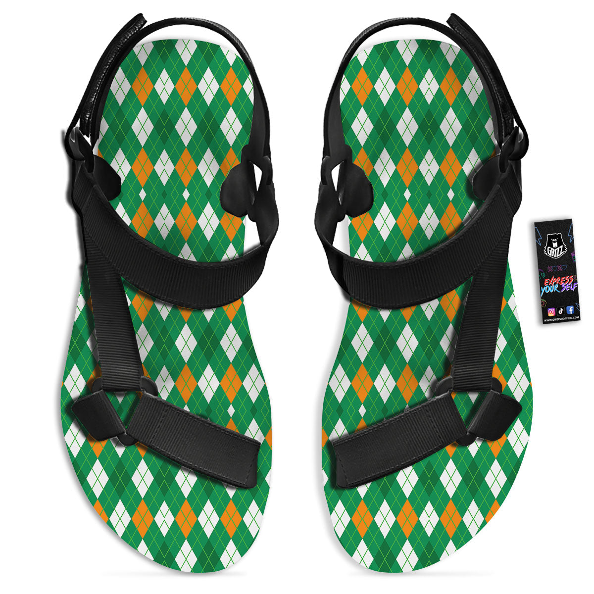 Argyle Irish Print Pattern Black Open Toe Sandals-grizzshop