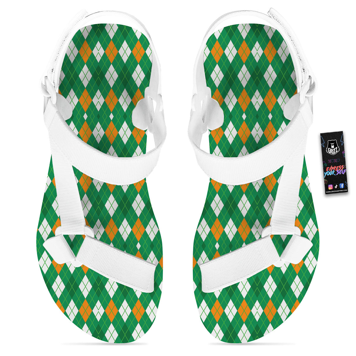 Argyle Irish Print Pattern White Open Toe Sandals-grizzshop