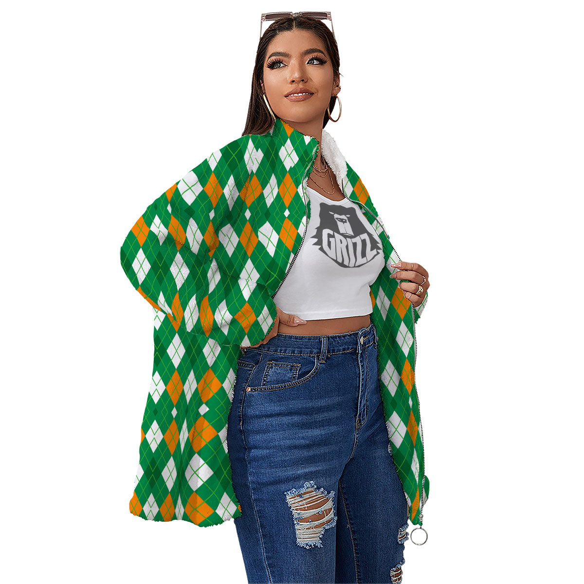 Argyle Irish Print Pattern Women's Sherpa Jacket-grizzshop