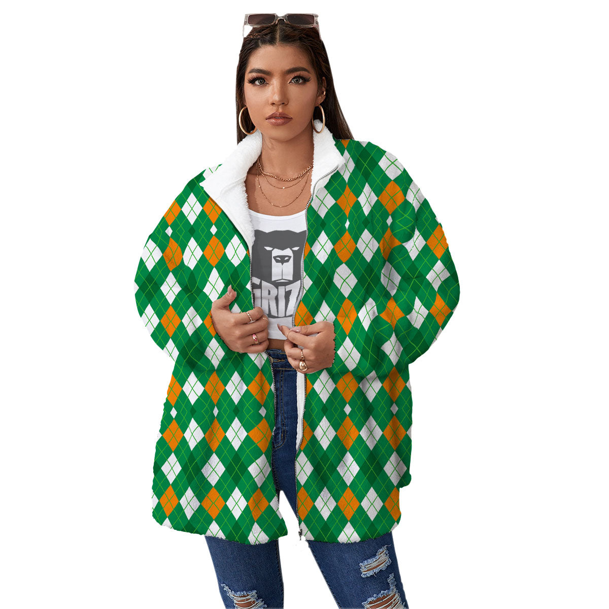 Argyle Irish Print Pattern Women's Sherpa Jacket-grizzshop