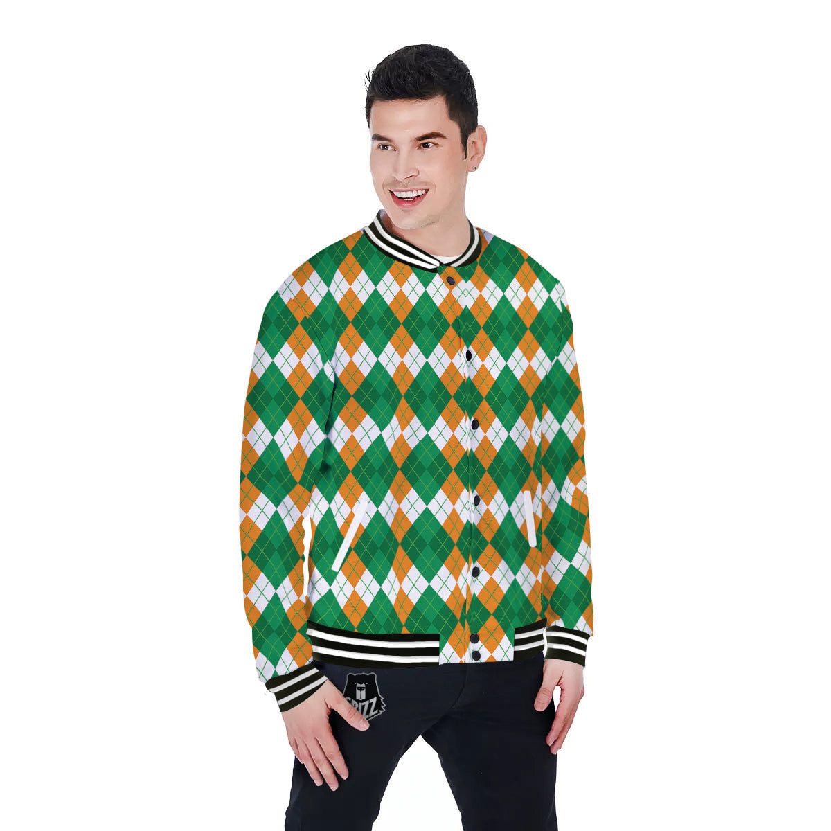 Argyle Irish Themed Print Pattern Baseball Jacket-grizzshop