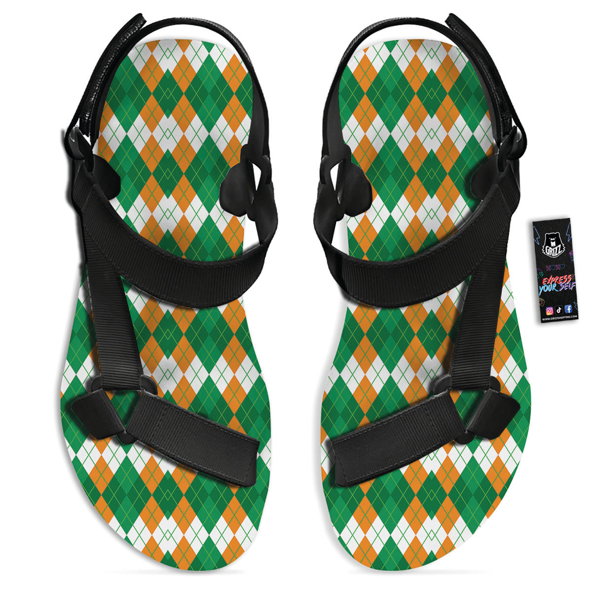 Argyle Irish Themed Print Pattern Black Open Toe Sandals-grizzshop