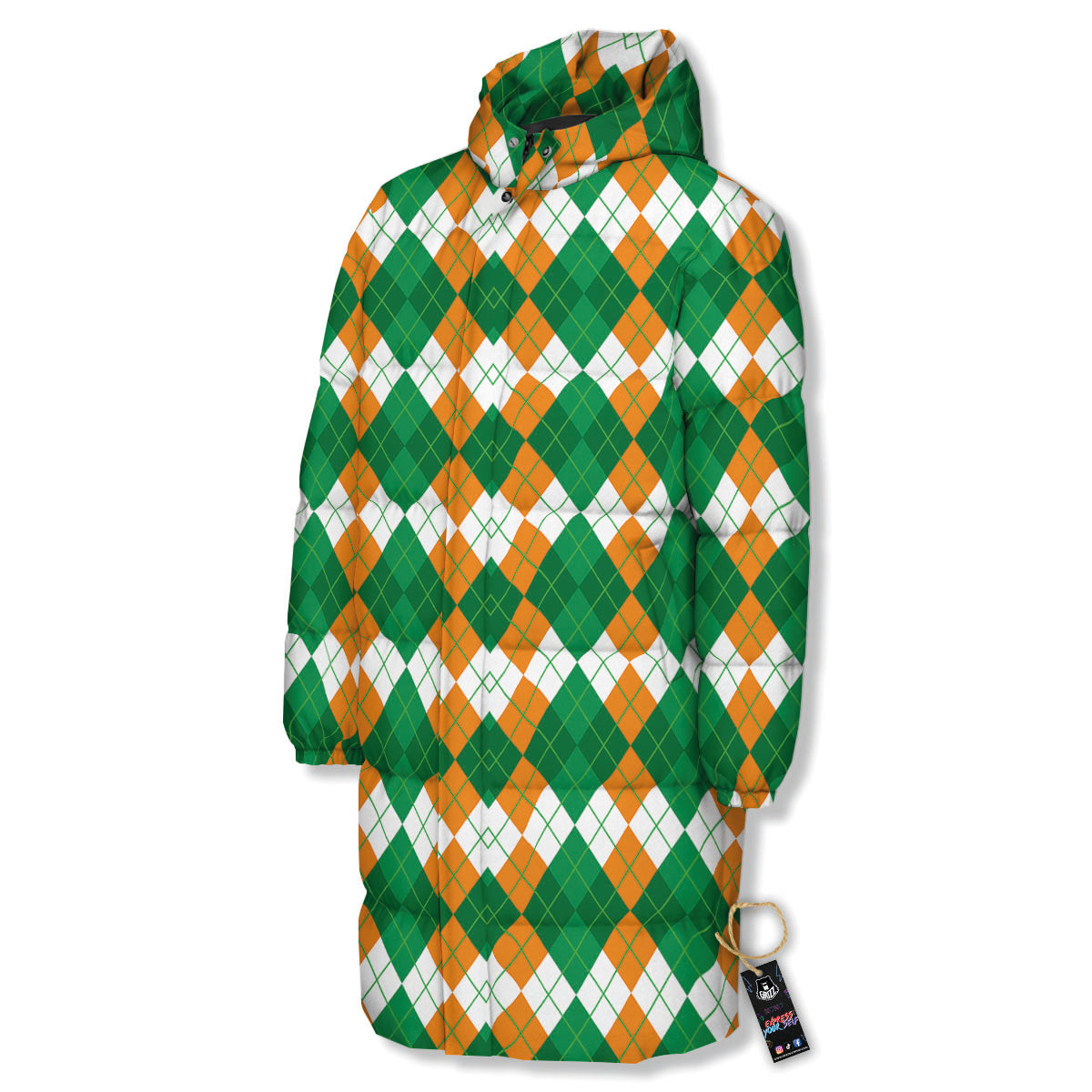 Argyle Irish Themed Print Pattern Long Down Jacket-grizzshop